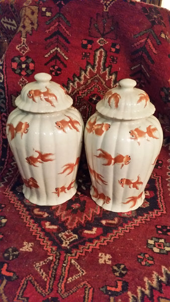 VINTAGE/ ANTIQUE CRACKLED CERAMIC KOI/ GOLDFISH GINGER JAR/ URN/ TEMPLE JAR (2) ~ MISC