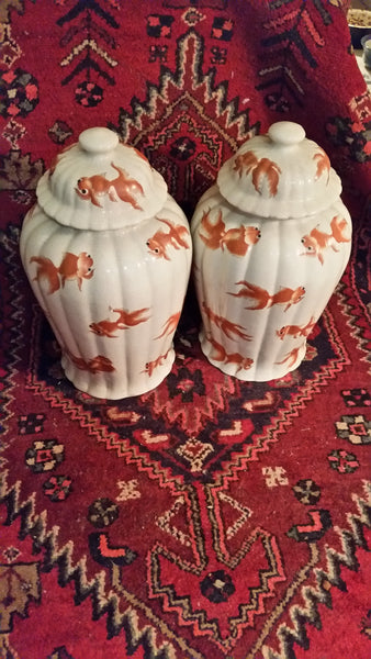 VINTAGE/ ANTIQUE CRACKLED CERAMIC KOI/ GOLDFISH GINGER JAR/ URN/ TEMPLE JAR (2) ~ MISC