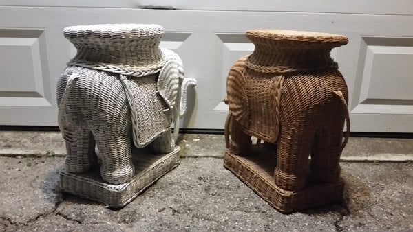 VINTAGE WHITE WICKER TRUNKS UP! 🐘 ELEPHANT PLANT STAND/ACCENT TABLE ~ MISC