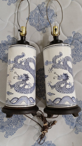 VINTAGE BLUE & WHITE CERAMIC CHINOISERIE DRAGON LAMPS (2)