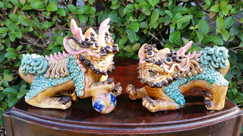 VINTAGE KOJI COCHIN POTTERY WuCai PORCELAIN SPAGHETTI FOO DOGS (2)