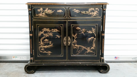 ANTIQUE/ VINTAGE BLACK LACQUER CHINOISERIE/ TORTOISE SHELL/ SCROLL BASE BAR/ CONSOLE/ CABINET