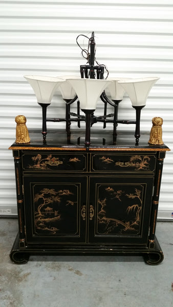 VINTAGE BLACK🖤 n RED❤️ METAL FAUX BAMBOO🎋 CHINOISERIE⛩️ PAGODA🏯 CHANDELIER🕯
