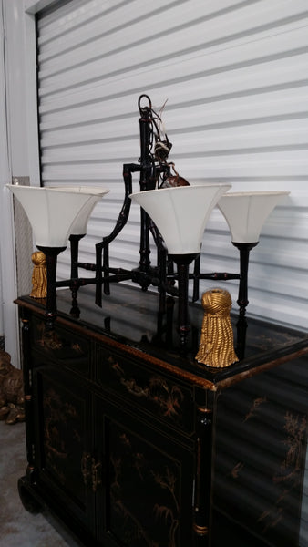 VINTAGE BLACK🖤 n RED❤️ METAL FAUX BAMBOO🎋 CHINOISERIE⛩️ PAGODA🏯 CHANDELIER🕯