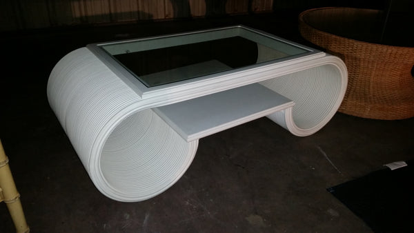 WOOD SCROLL/ WATERFALL GLASS TOP COFFEE TABLE W/SHELF