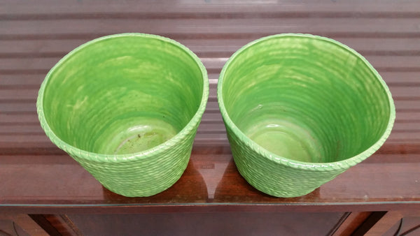 VINTAGE GREEN CERAMIC ROPE/BRAID PLANTERS/POTS (2) ~ MISC