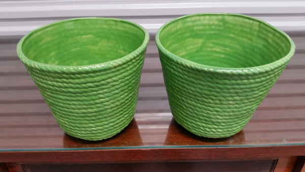 VINTAGE GREEN CERAMIC ROPE/BRAID PLANTERS/POTS (2) ~ MISC