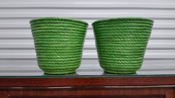 VINTAGE GREEN CERAMIC ROPE/BRAID PLANTERS/POTS (2) ~ MISC