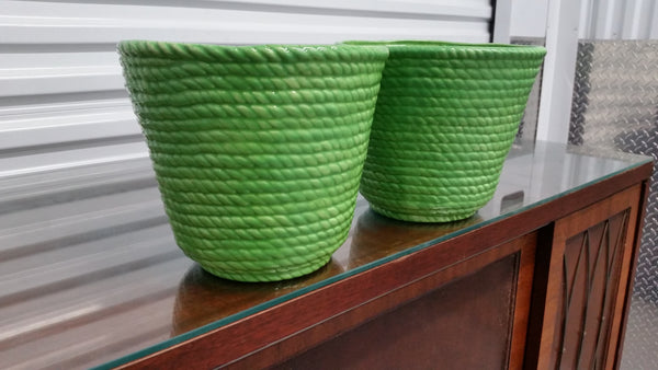 VINTAGE GREEN CERAMIC ROPE/BRAID PLANTERS/POTS (2) ~ MISC