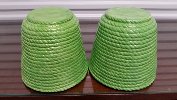 VINTAGE GREEN CERAMIC ROPE/BRAID PLANTERS/POTS (2) ~ MISC