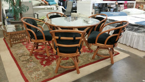 VINTAGE BROWN JORDAN RATTAN DINETTE/ BREAKFAST NOOK/ DINING SET W/5 SWIVEL CHAIRS