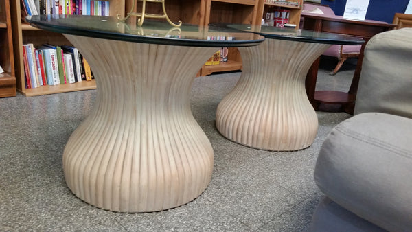 VINTAGE McGUIRE BAMBOO RATTAN BELL/ HOURGLASS END TABLES (2) ~ 🌀IAN