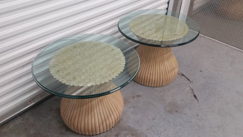 VINTAGE McGUIRE BAMBOO RATTAN BELL/HOURGLASS END TABLES (2) ~ 🌀IAN