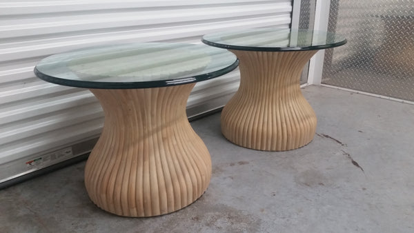 VINTAGE McGUIRE BAMBOO RATTAN BELL/ HOURGLASS END TABLES (2) ~ 🌀IAN
