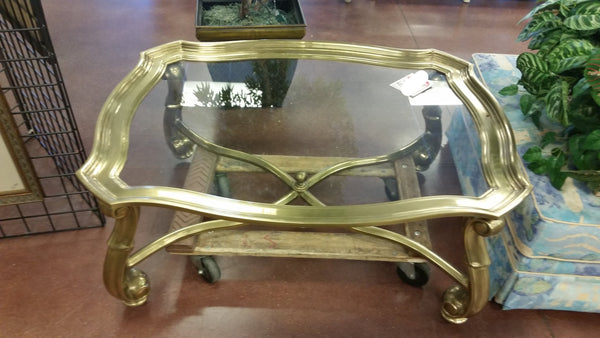 ANTIQUE/VINTAGE SOLID BRASS N GLASS SCALLOPED TRAY TOP COFFEE TABLE