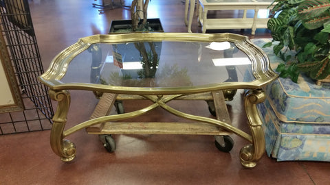 ANTIQUE/ VINTAGE SOLID BRASS N GLASS SCALLOPED TRAY TOP COFFEE TABLE