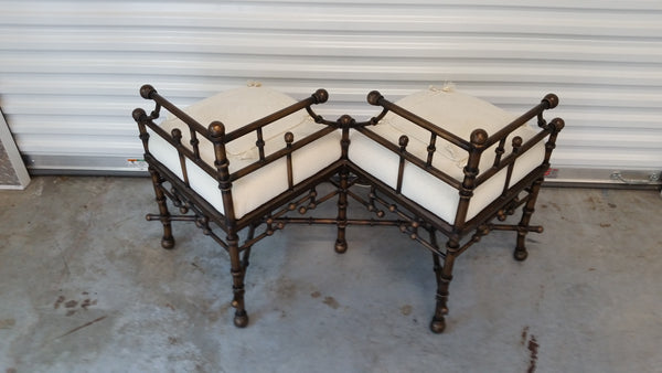 VINTAGE CHINOISERIE METAL FAUX BAMBOO CHIPPENDALE TRELLIS KISSING 💋🫂👄 BENCH