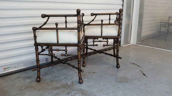 VINTAGE CHINOISERIE METAL FAUX BAMBOO CHIPPENDALE TRELLIS KISSING 💋🫂👄 BENCH