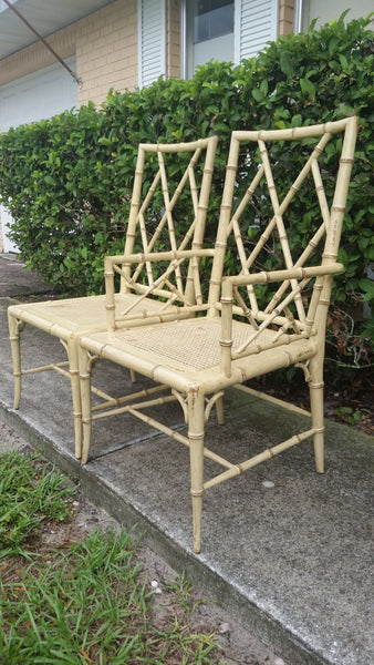 WOODBRIDGE FAUX BAMBOO/ CANE CHIPPENDALE DINING CHAIRS W/DA FRETWORK W/CUSHIONS (6 AVAILABLE)