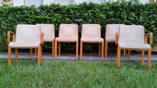 VINTAGE MID CENTURY MODERN KNOLL INTERNATIONAL BILL STEPHENS 1300 SERIES OAK BENTWOOD SUEDE DINING CHAIRS (6 ~ 2 ARM)