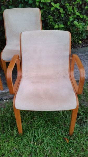 VINTAGE MID CENTURY MODERN KNOLL INTERNATIONAL BILL STEPHENS 1300 SERIES OAK BENTWOOD SUEDE DINING CHAIRS (6 ~ 2 ARM)