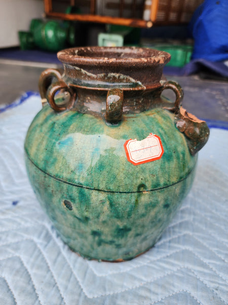 GARY DAVID DESIGNS GREEN DRIP GLAZE ANTIQUED JAR & SPOUT ~ MISC