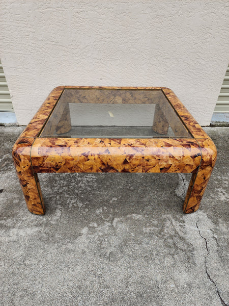 VINTAGE MAITLAND-SMITH BURLED FAUX STONE TORTOISE SHELL COFFEE TABLE W/BRASS INLAY