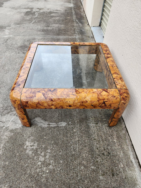 VINTAGE MAITLAND-SMITH BURLED FAUX STONE TORTOISE SHELL COFFEE TABLE W/BRASS INLAY
