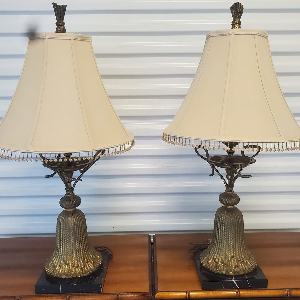 Vintage Solid Brass Table Lamp Art Deco Tassel Fringe Lampshade
