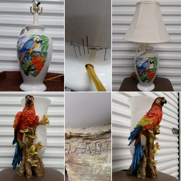 VINTAGE ARI/ART (?) HAND PAINTED/HAND CARVED BISQUE PORCELAIN PARROT/MACAW TORCHIERE LAMP