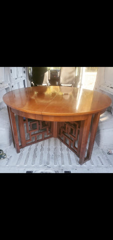 VINTAGE CHINOISERIE ASIAN MOTIF MAHOGANY/ ROSEWOOD DINING TABLE W/ 2 LEAFS